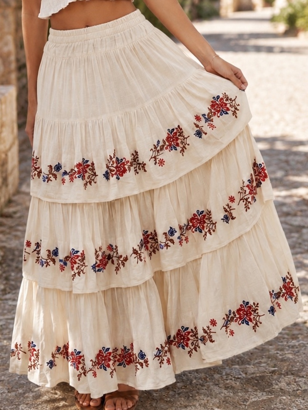 Chelsea & Violet Cream Tiered Maxi Skirt with Red & Blue Floral Embroidery